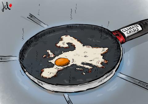 Cartoon showing a frying pan with a fried egg in the shape of Europe. The pan handle is labeled 'climate crisis'.