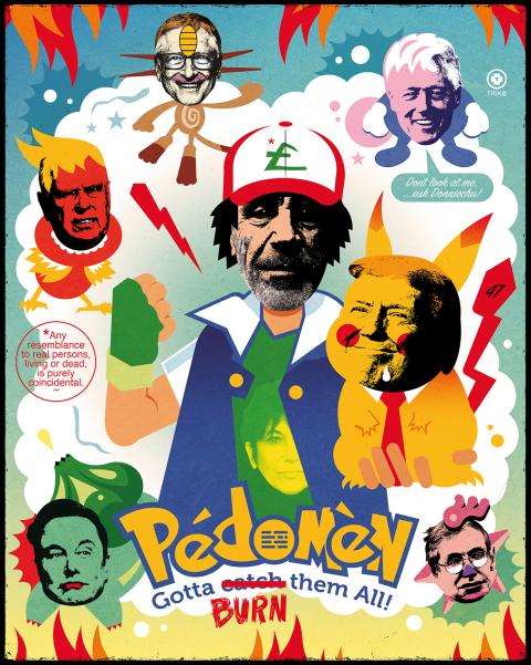 Cartoon showing several powerful men tat tare connected to Epstein, including Donald Trump (as Picachu), Bill Clinton and Elon Musk) as Pokemon monsters. In the middle of the image is Epstein depicted as the main character Ash Ketchum. The text under the cartoon reads: ‘PédoMèn, collect and burn them all!’