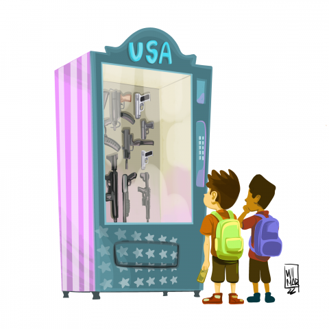 Two guys in from of a vending machine for weapons that has the acronym USA