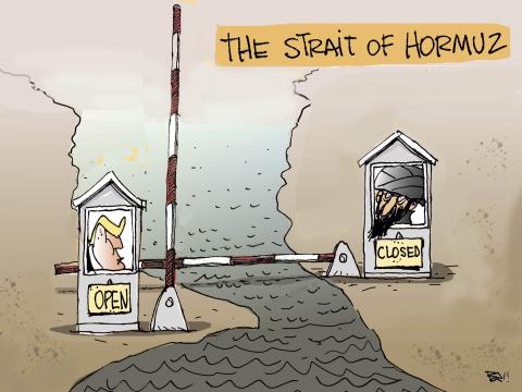 Cartoon showing the Strait of Hormuz with two toll booths and two barriers. One booth has Trump in it and the barrier is open; the other booth behind it has an Iranian mullah in it, and this barrier is closed.