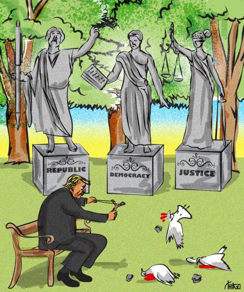 Cartoon showing Trump sitting on a park bench killing pigeons with a catapult while behind him stand sculptures labeled 'Republic', Democracy' and 'Justice'.