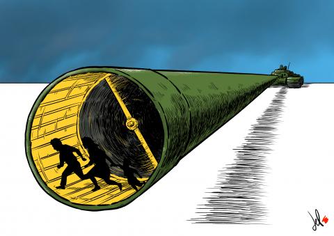 cartoon by emanuele del rosso about russia and ukraine and refugees