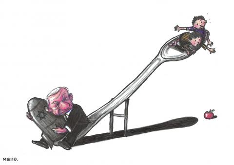 A cartoon showing a seesaw in the shape of a giant fork. On the lower end, Netanyahu sits clutching a large missile, while on the high end, two famished children desperately reach down towards and apple that is lying on the ground.