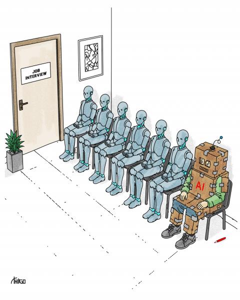 Cartoon showing robots sitting in a waiting room with a closed door that reads 'Job interview'. The final chair in the waiting room is occupied by a man who is pretending to be a robot, dressed in a robot suit made of cardboard and tape.