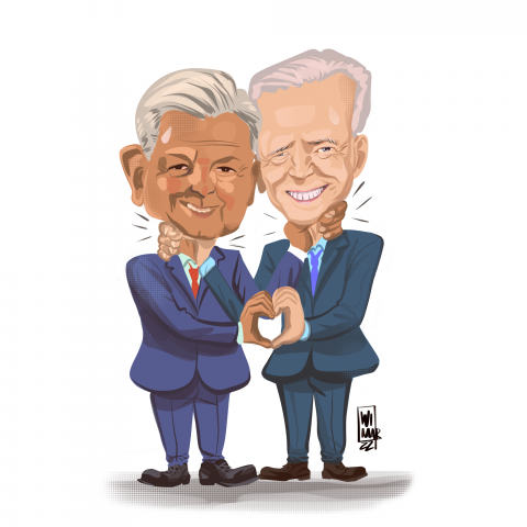 In the image, the presidents of Mexico and the United States are seen pretending to treat each other well when in reality they are forced to treat each other due to the political complexity of their two countries.