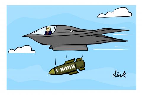 Trump flies a stelath bomber. He drops a bomb. Written on the side of it is the phrase 'F-Bomb' (a euphemism)