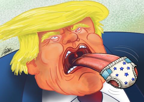 **Day and night, Trump never stops making and spreading contradictory and irresponsible statements. Driven by what appears to be unlimited authority, excessive power, and an inflated ego, he continues to flood the public sphere with remarks that often generate confusion and controversy. This caricature is a satirical solution to what this man suffers from and to the consequences his behavior imposes on the world.**