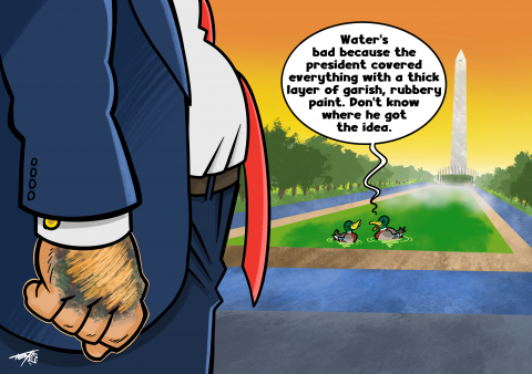 President Trump's painted hands, concealing bruises, are compared to the "cover up" at the Nationa Mall Reflecting Pool, also slathered in unsuitable pigment.