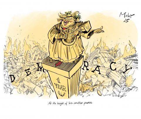 Trump as an emperor playing harp on a column above the destroyed democracy.