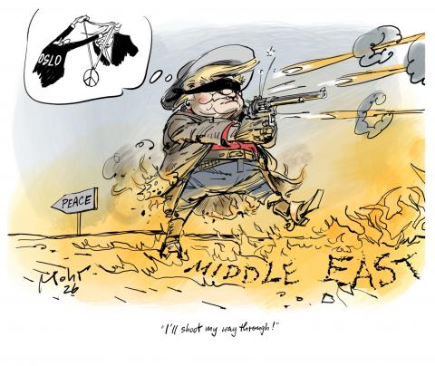 Trump as a trigger-happy cowboy on burning ground.