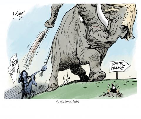 Donald Trump, the elephant heading towards the White House, wets the donkey-riding Democrat Kamala Harris.