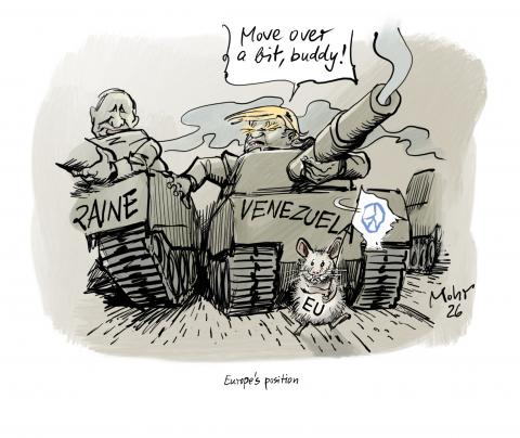 Trump and Putin as advancing tanks and Europe as a mouse