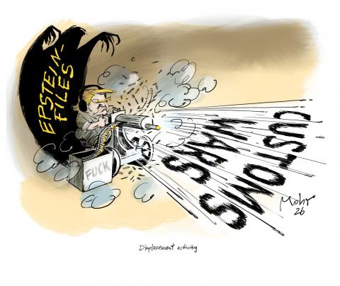 Trump shoots with a machine gun, threatened by an Epstein-shadow.