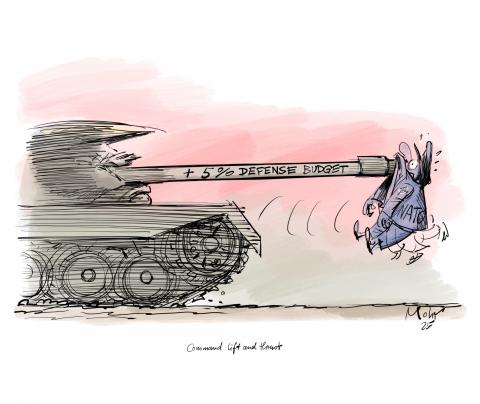 Trump as a tank calls for a drastic increase in defense spending within NATO.