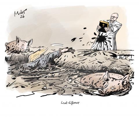Trump with pigs in a manure pit throws dirt at the Pope.