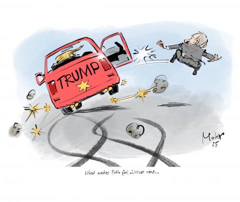 Trump kicks Putin out of his lurching car.