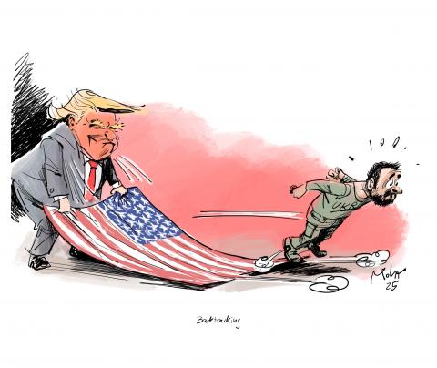 Trump pulls away the protecting Star Spangled Banner under the feet of Selenskyj. 