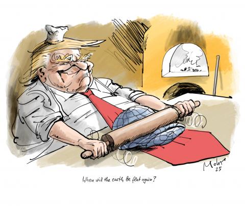 Cartoon showing Trump in a kitchen using as rolling pin to flatten the earth. In the back we see a pizza oven. The caption beneath the cartoon reads: ‘When will the earth be flat again?’