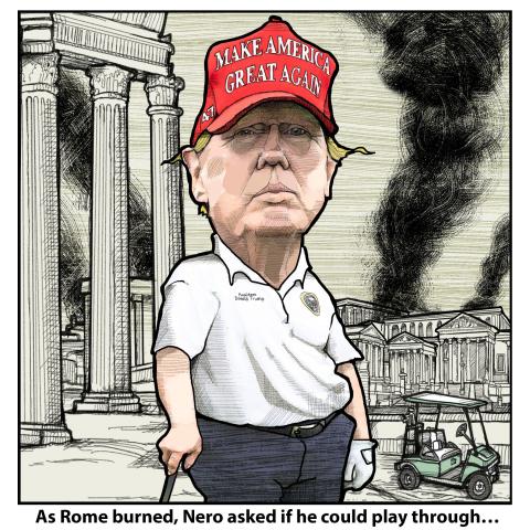Caricature of Donald Trump standing in front of Ancient Rome, as the city is burning.