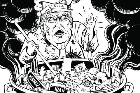 Cartoon showing Donald Trump wearing a chef's hat labeled 'MAGA', adding salt to a large cooking pot filled with a soup, in which a skull, an Israeli flag, a gas bottle, oil drums, a sinking oil tanker, a fighter jet, bombs, and money are floating. Thick black smoke is emanating from the soup.