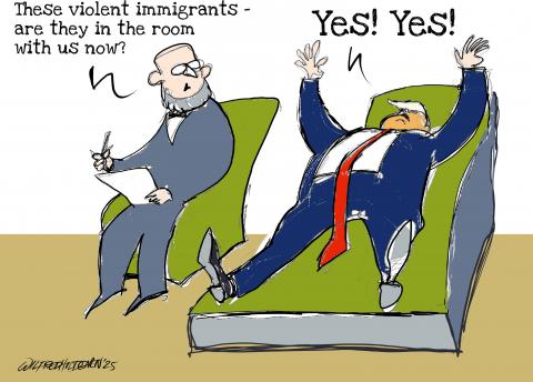 Trump on the couch seeing violent immigrants in the room