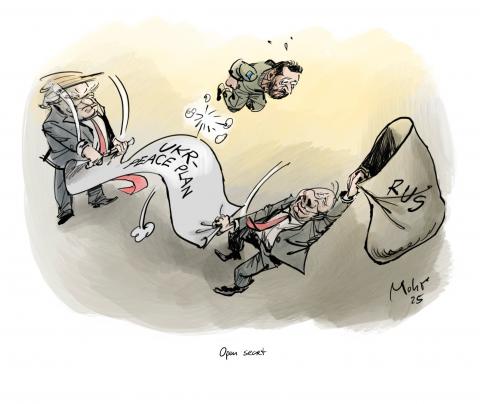 Trump and Putin catapulting Zelenskiy into the air, right into Putin's arms