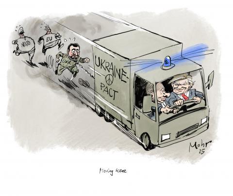 Trump and Putin driving in an Ukraine-pact-truck followed by Selenskyj, EU and NATO.