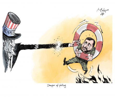 Uncle Sam's helping dollar-hand, from whose lifebelt Zelenskyj dangles, is crumbling.