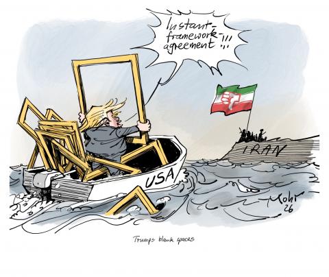 Trump in a boat with frames, searching for an agreement with Iran.