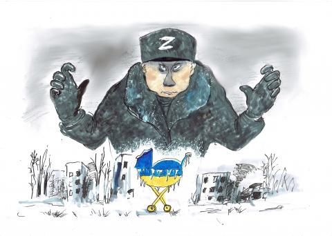 Cartoon showing a giant Putin, dressed in black with a military cap with a 'Z' on it, looking over a wintry landscape with dark buildings. In the foreground is a pram  in the colours of the Ukrainian flag with icicles hanging from it.
