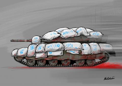 Cartoon showing a tank covered in white food bags as camouflage.