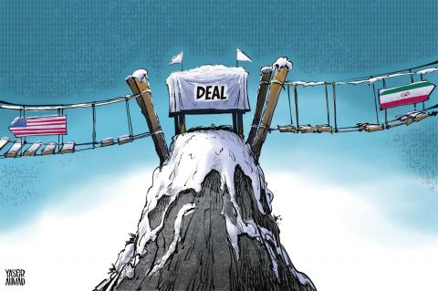 Cartoon showing a mountain summit with a table on it labeled ‘deal’.  The summit and the table are covered in snow. Two rickety hang bridges with numerous planks missing lead to the summit from both sides, one labeled with the US flag, the other with the Iranian flag.