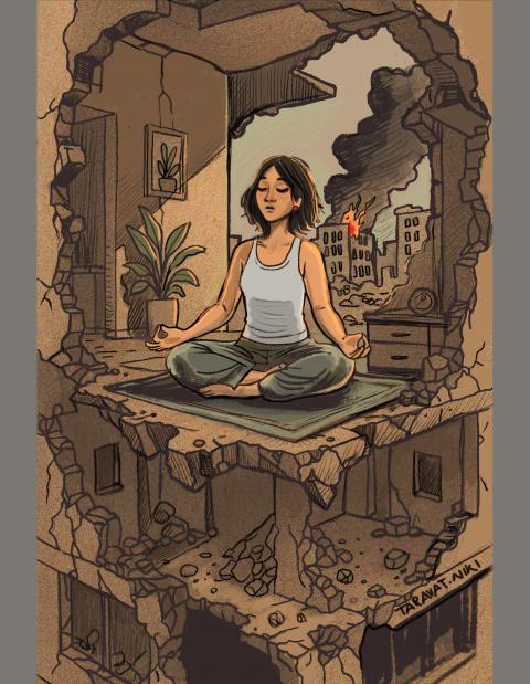 “Woman meditating in the ruins of a bombed city — calm posture in stark contrast to surrounding destruction.”