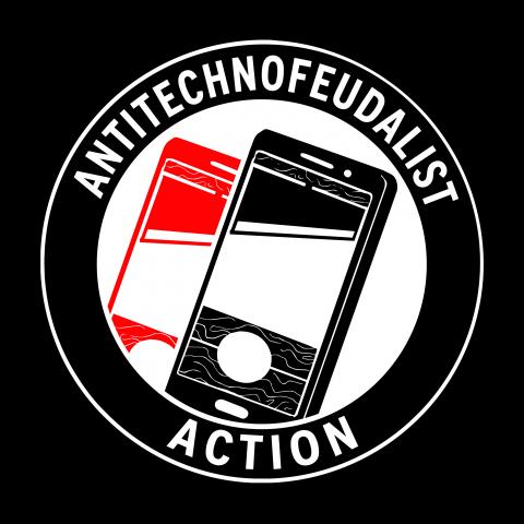 Fictional Antitechnofeudalist Action logo with two smartphones with a guillotine inside the screen, one is red and the other is black. Logo inspired by Antifascist Action. By Zez Vaz
