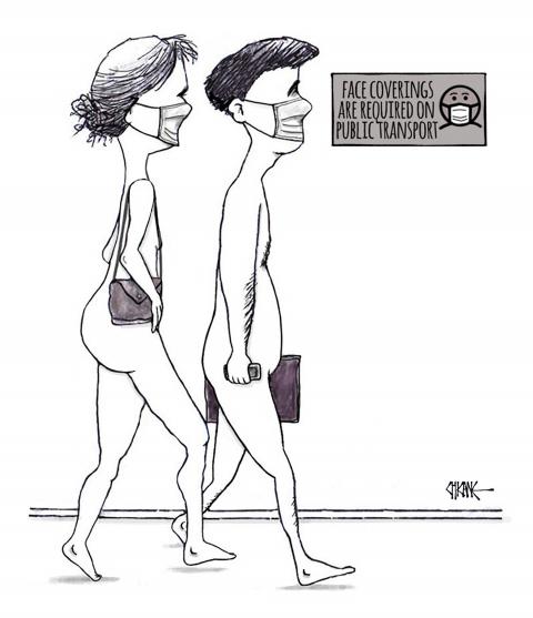 Naked couple about to use public transport, wearing only face masks, complying with the sign that says face coverings must be worn