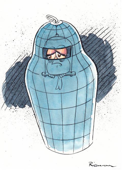 A woman, trapped inside her burka like a bird in a cage.