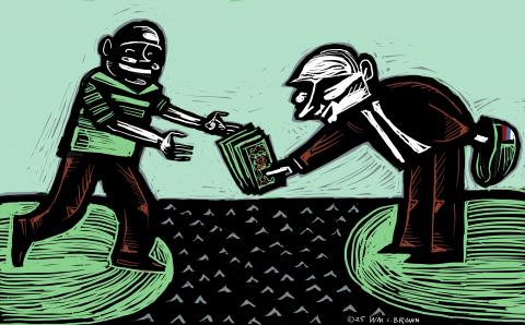 Putin offers money to an African across the water, but hides a military helmet behind his back.