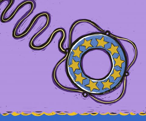 Lifesaving ring with EU emblem tossed toward the waves in Ukrainian colors
