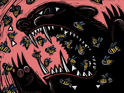 A swarm of bees pulling a raging bear's teeth.