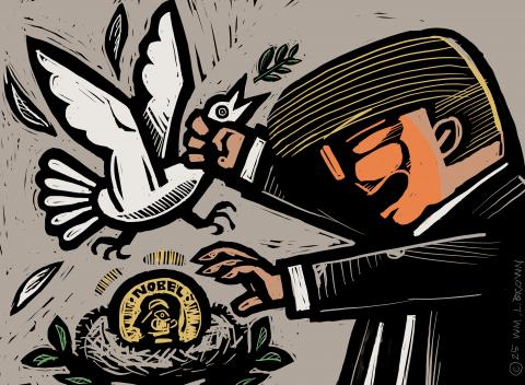Donald Trump grabs peace-dove by the neck, taking the Nobel prize from her nest