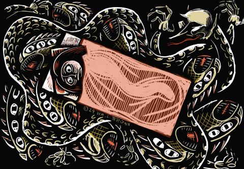 Cartoon showing a wide-eyed person lying in bed as demons swirl around. 