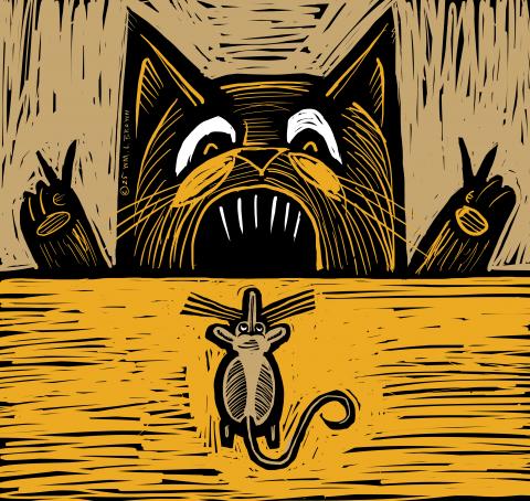 Cat signals "peace" to mouse, but show sharp teeth.