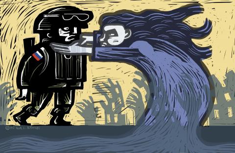 An allegorical figure arises from the ground to attack and stop a Russian soldier.