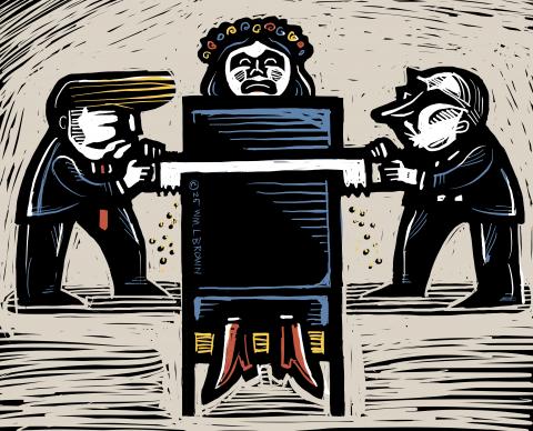 Trump and Putin sawing a woman representing Ukraine in two.