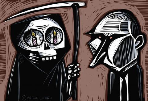 The skeletal personification of Death, with two birthday candles in eye-sockets, stands with Putin.