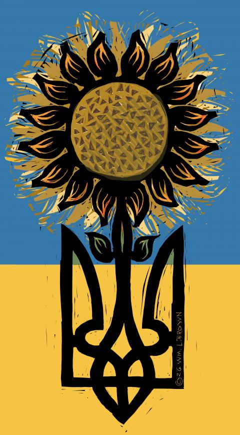 A sunflower blooms from Ukraine's trident symbol
