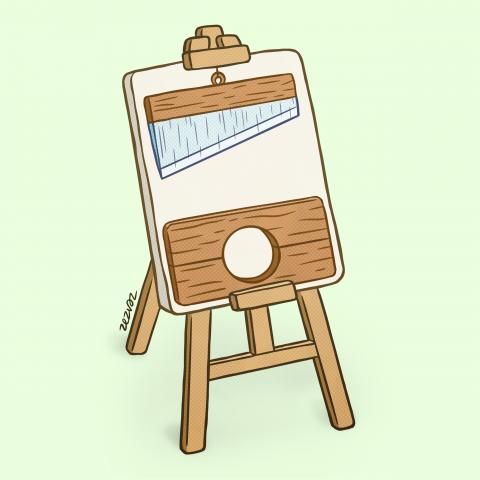 Cartoon by Zez Vaz depicting a easel with a guillotine painted in the canvas.