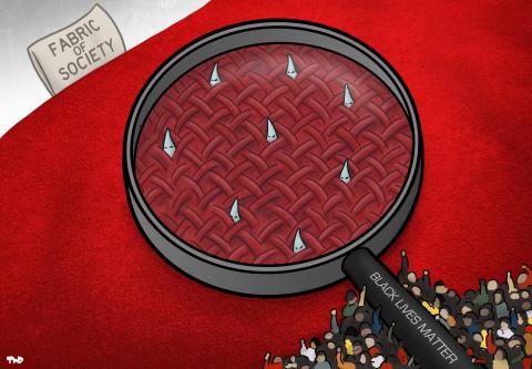 Cartoon showing a giant magnifying glass labeled 'Black Lives Matter' carried by protesters. The magnifying glass is aimed at a piece of cloth labeled 'Fabric of society' and its magnification shows Ku Klux Klan hoods peaking up through the fabric.