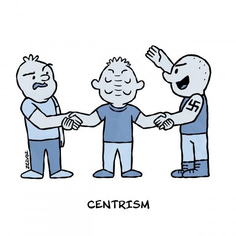 Cartoon by Zez Vaz depicting a man in the middle shaking hands with a neonazi on the right and a man on the left that's not very comfortable with it.