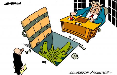 Cartoon showing Trump in the Oval Office behind his desk. A visitor approached the desk and as Trump pushes a red button a trapdoor in front of the desk opens, revealing a hole filled with alligators.